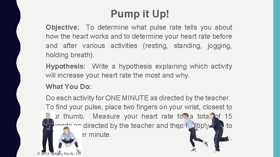 Pump it Up! Objective: To determine what pulse rate tells you about how the