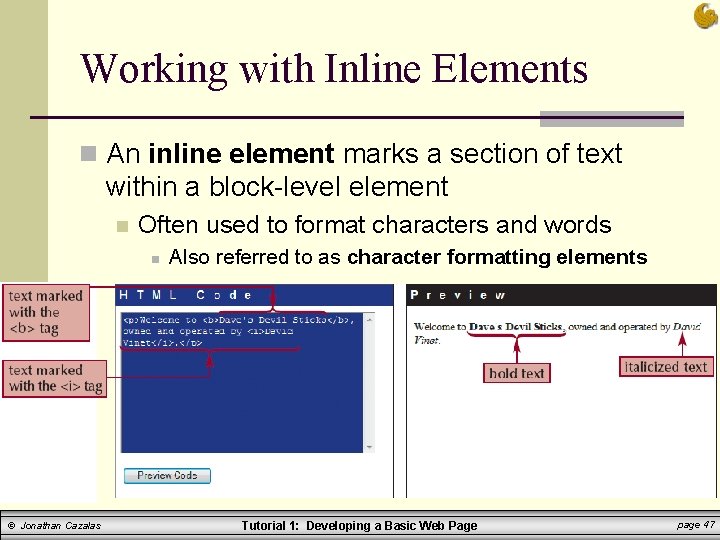 Working with Inline Elements n An inline element marks a section of text within