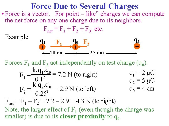 Force Due to Several Charges • Force is a vector. For point – like”