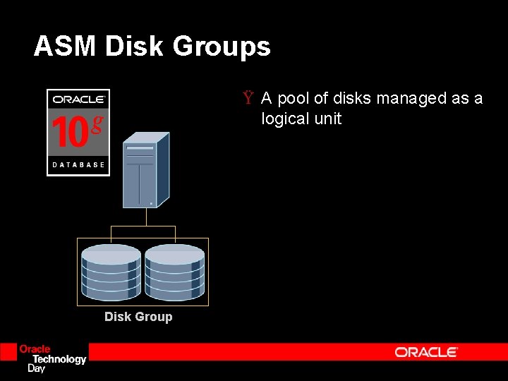 ASM Disk Groups Ÿ A pool of disks managed as a logical unit Disk