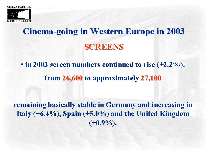 Cinema-going in Western Europe in 2003 SCREENS • in 2003 screen numbers continued to