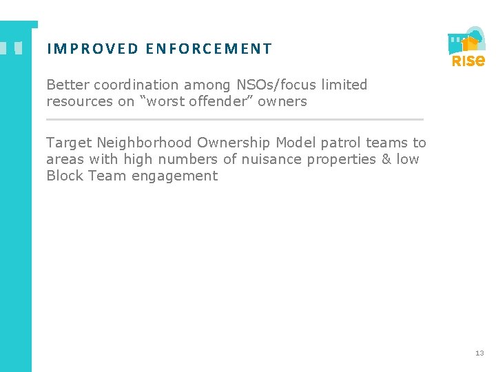 IMPROVED ENFORCEMENT Better coordination among NSOs/focus limited resources on “worst offender” owners Target Neighborhood