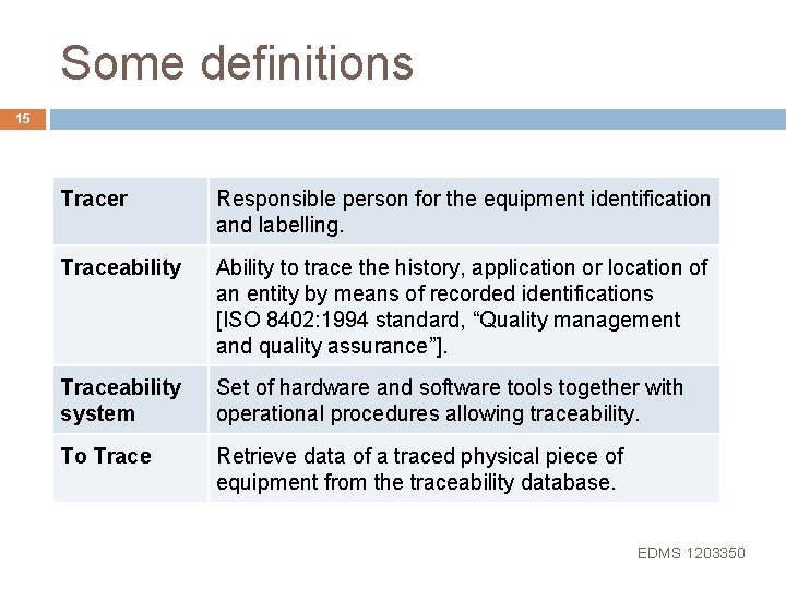 Some definitions 15 Tracer Responsible person for the equipment identification and labelling. Traceability Ability