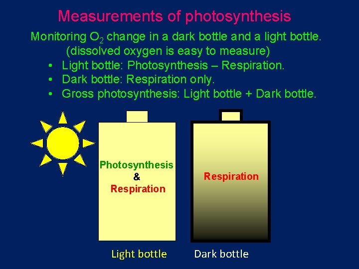 Measurements of photosynthesis Monitoring O 2 change in a dark bottle and a light