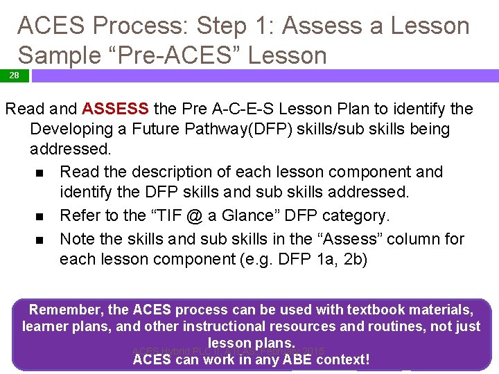 ACES Process: Step 1: Assess a Lesson Sample “Pre-ACES” Lesson 28 Read and ASSESS