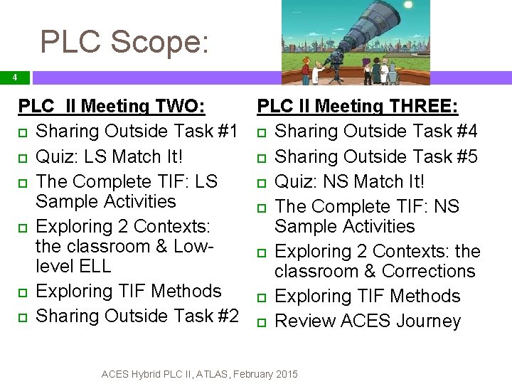 PLC Scope: 4 PLC II Meeting TWO: PLC II Meeting THREE: Sharing Outside Task