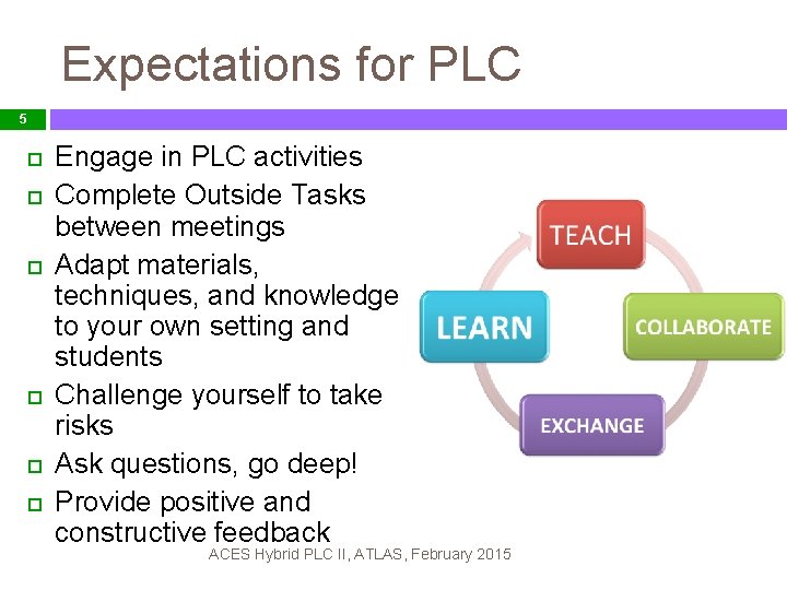 Expectations for PLC 5 Engage in PLC activities Complete Outside Tasks between meetings Adapt