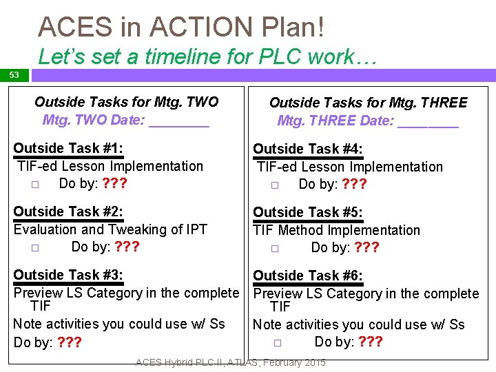 ACES in ACTION Plan! Let’s set a timeline for PLC work… 53 Outside Tasks