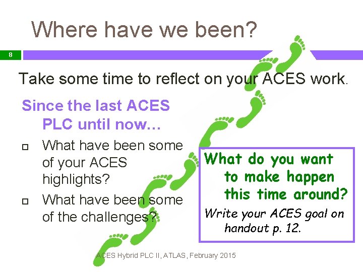 Where have we been? 8 Take some time to reflect on your ACES work.