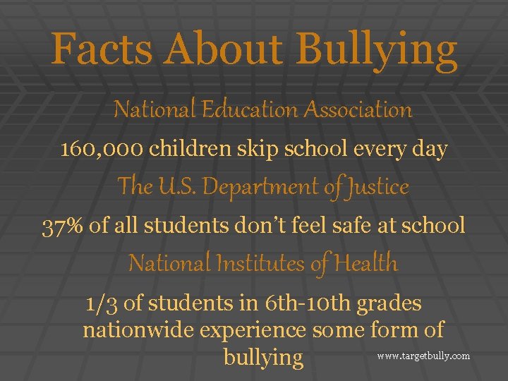 Facts About Bullying National Education Association 160, 000 children skip school every day The