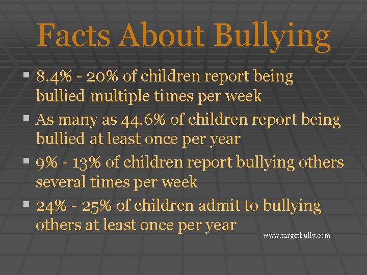 Facts About Bullying § 8. 4% - 20% of children report being bullied multiple
