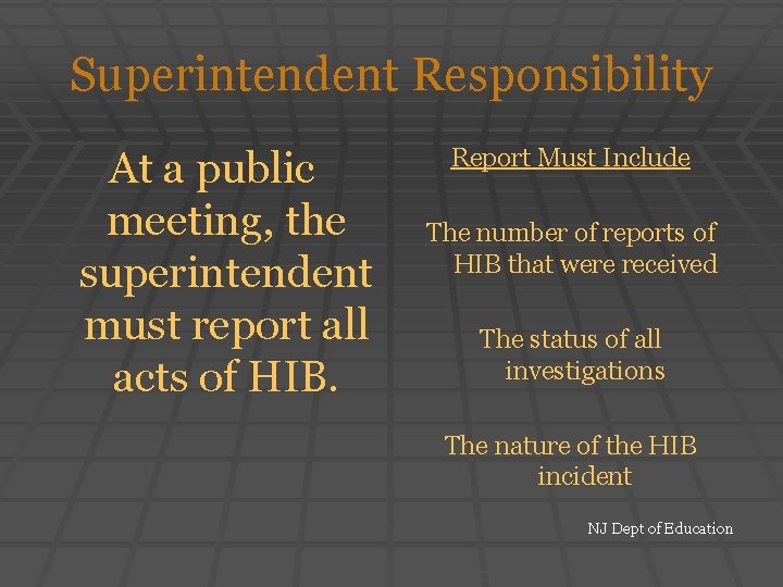 Superintendent Responsibility At a public meeting, the superintendent must report all acts of HIB.