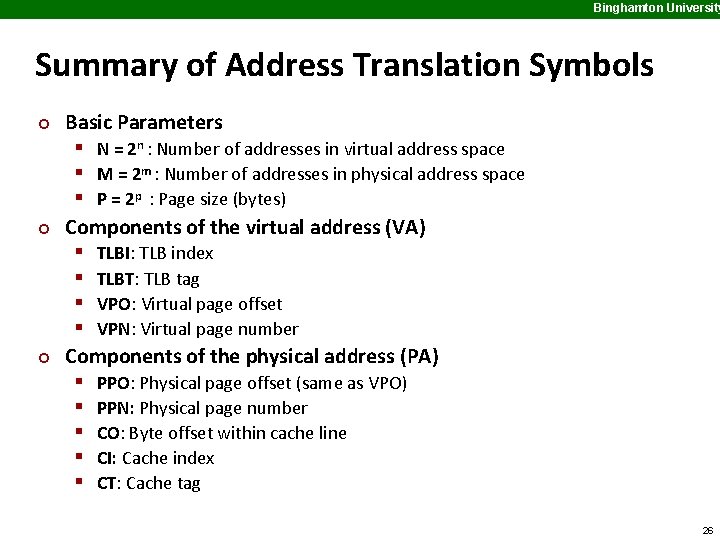 Binghamton University Summary of Address Translation Symbols ¢ ¢ ¢ Basic Parameters § N