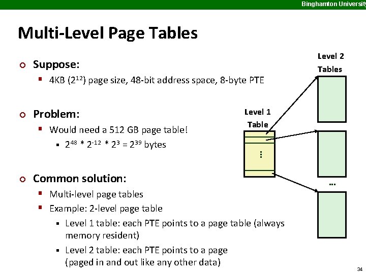 Binghamton University Multi-Level Page Tables ¢ Suppose: § 4 KB (212) page size, 48