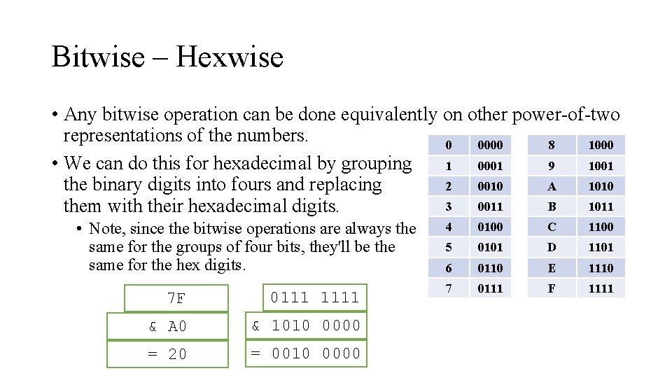 Bitwise – Hexwise • Any bitwise operation can be done equivalently on other power-of-two