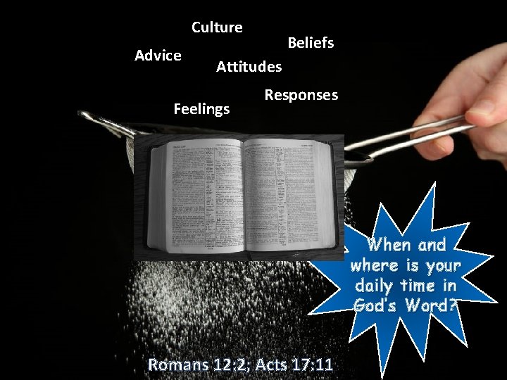 Culture Advice Beliefs Attitudes Feelings Responses When and where is your daily time in