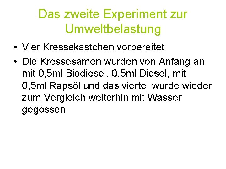 Das zweite Experiment zur Umweltbelastung • Vier Kressekästchen vorbereitet • Die Kressesamen wurden von