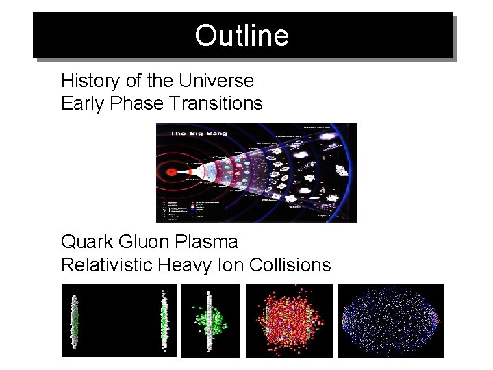 Outline History of the Universe Early Phase Transitions Quark Gluon Plasma Relativistic Heavy Ion