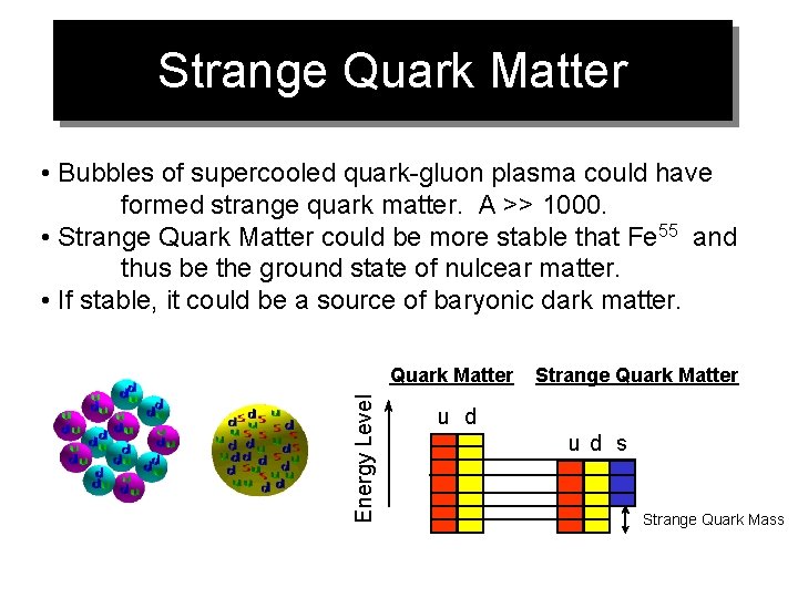 Strange Quark Matter • Bubbles of supercooled quark-gluon plasma could have formed strange quark