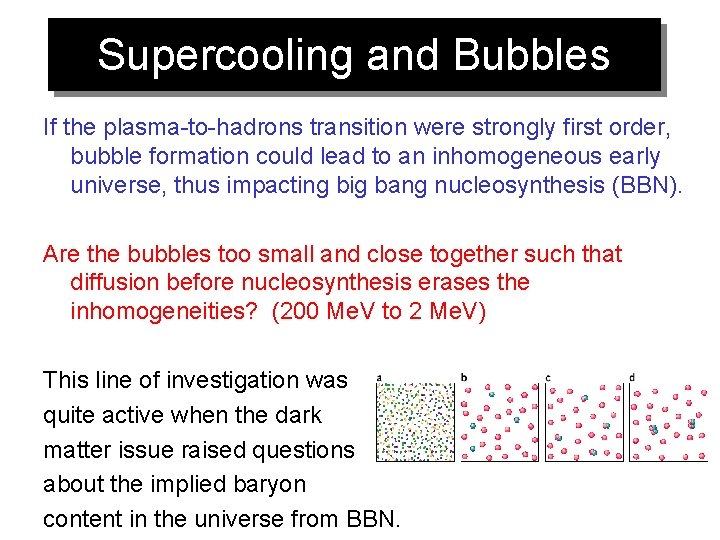 Supercooling and Bubbles If the plasma-to-hadrons transition were strongly first order, bubble formation could