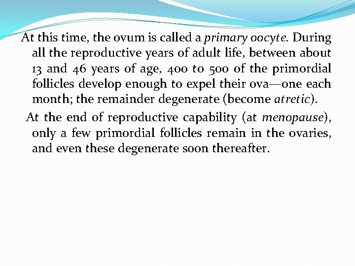 At this time, the ovum is called a primary oocyte. During all the reproductive