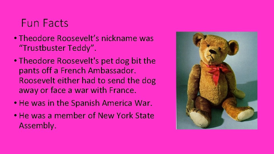 Fun Facts • Theodore Roosevelt’s nickname was “Trustbuster Teddy”. • Theodore Roosevelt's pet dog
