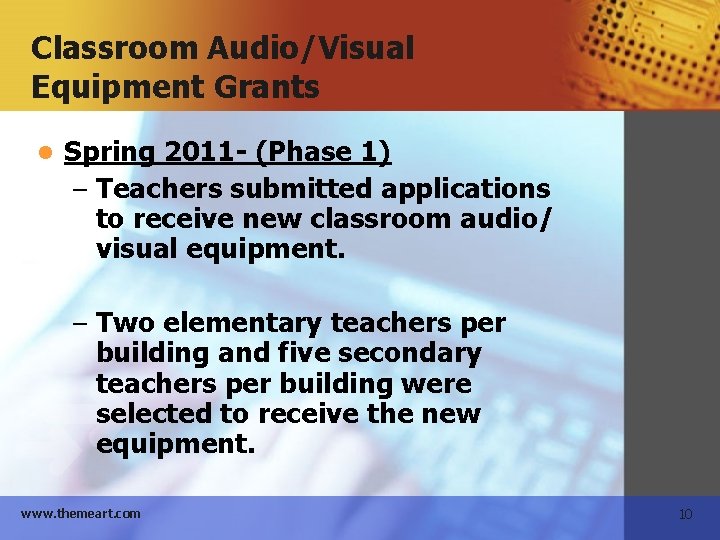 Classroom Audio/Visual Equipment Grants l Spring 2011 - (Phase 1) – Teachers submitted applications