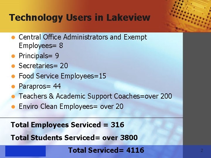 Technology Users in Lakeview l l l l Central Office Administrators and Exempt Employees=