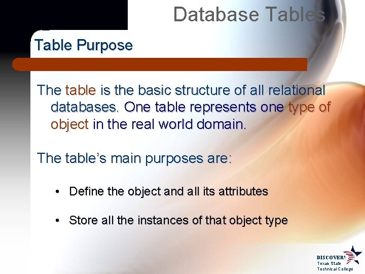 Database Tables Table Purpose The table is the basic structure of all relational databases.