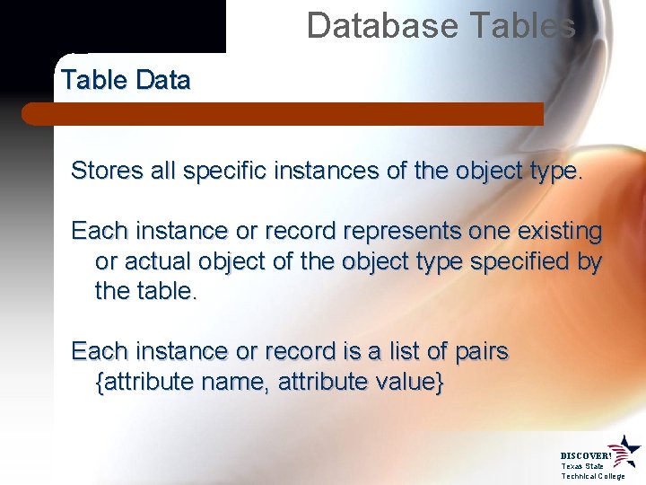 Database Tables Table Data Stores all specific instances of the object type. Each instance