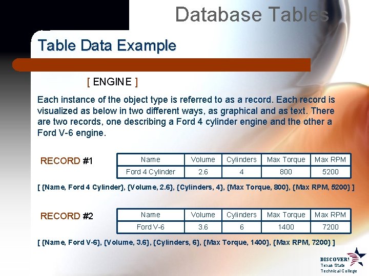 Database Tables Table Data Example [ ENGINE ] Each instance of the object type