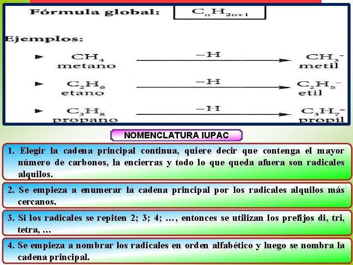 NOMENCLATURA IUPAC 1. Elegir la cadena principal continua, quiere decir que contenga el mayor
