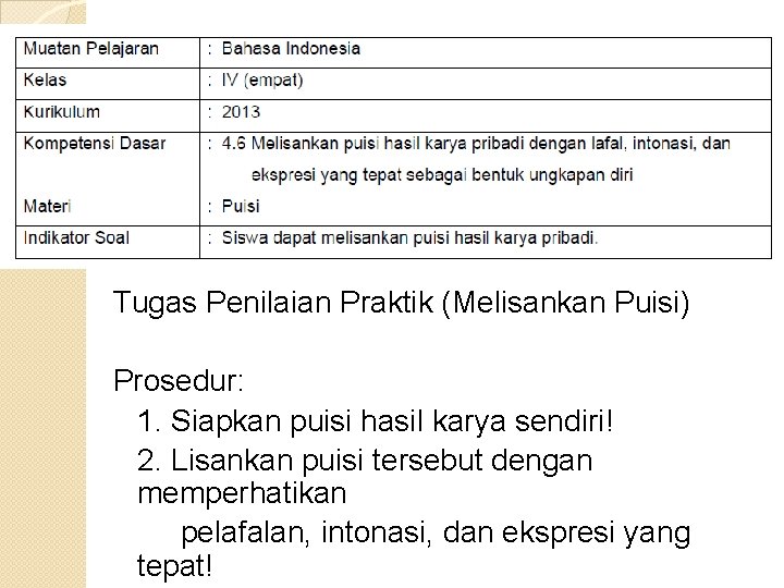 Tugas Penilaian Praktik (Melisankan Puisi) Prosedur: 1. Siapkan puisi hasil karya sendiri! 2. Lisankan Tugas Penilaian Praktik (Melisankan Puisi) Prosedur: 1. Siapkan puisi hasil karya sendiri! 2. Lisankan