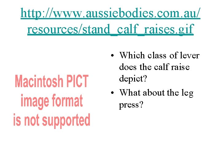 http: //www. aussiebodies. com. au/ resources/stand_calf_raises. gif • Which class of lever does the