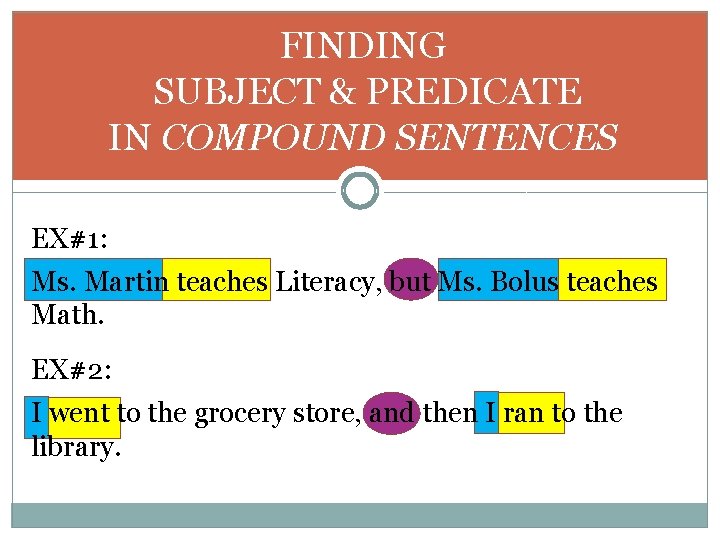 FINDING SUBJECT & PREDICATE IN COMPOUND SENTENCES EX#1: Ms. Martin teaches Literacy, but Ms.