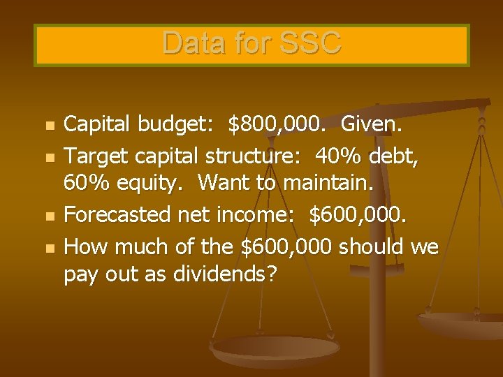 Data for SSC n n Capital budget: $800, 000. Given. Target capital structure: 40%
