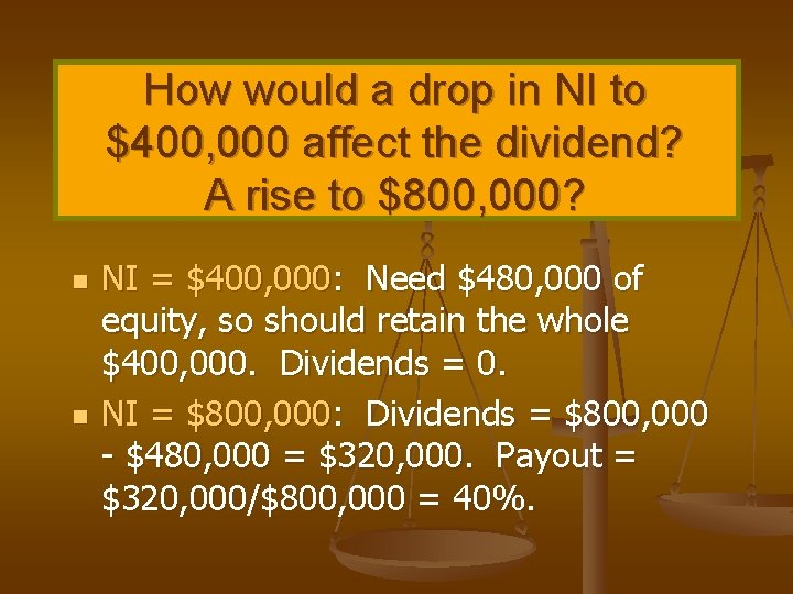 How would a drop in NI to $400, 000 affect the dividend? A rise