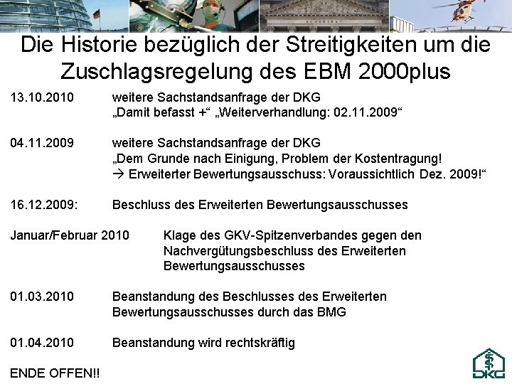 Die Historie bezüglich der Streitigkeiten um die Zuschlagsregelung des EBM 2000 plus 13. 10.