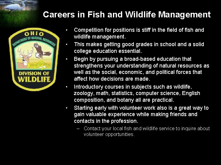 Careers in Fish and Wildlife Management • • • Competition for positions is stiff