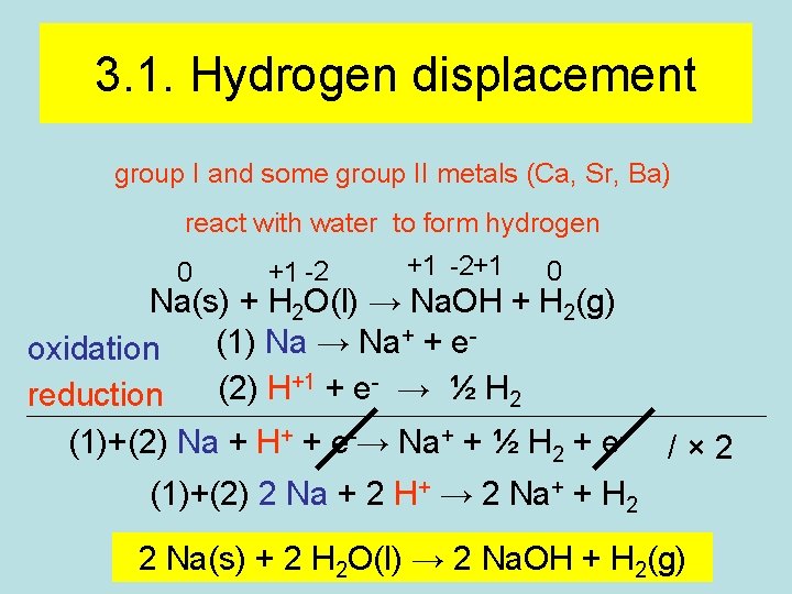 3. 1. Hydrogen displacement group I and some group II metals (Ca, Sr, Ba) 3. 1. Hydrogen displacement group I and some group II metals (Ca, Sr, Ba)