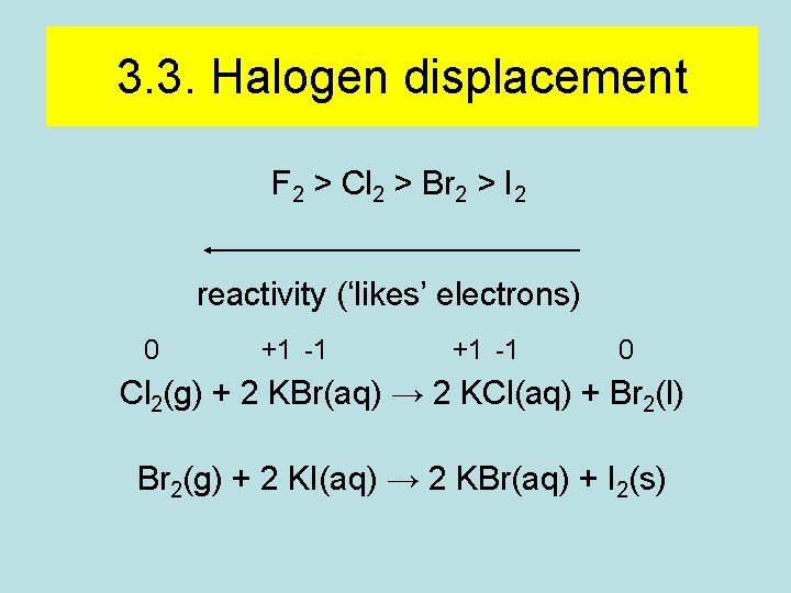 3. 3. Halogen displacement F 2 > Cl 2 > Br 2 > I 3. 3. Halogen displacement F 2 > Cl 2 > Br 2 > I
