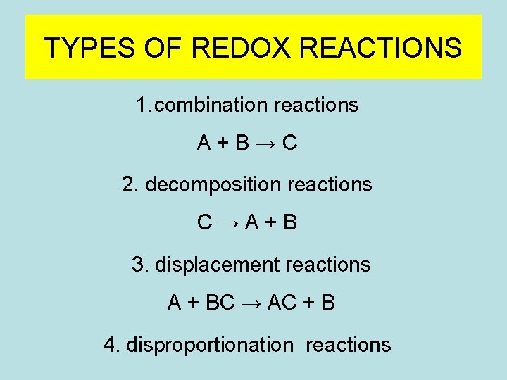 TYPES OF REDOX REACTIONS 1. combination reactions A+B→C 2. decomposition reactions C→A+B 3. displacement TYPES OF REDOX REACTIONS 1. combination reactions A+B→C 2. decomposition reactions C→A+B 3. displacement