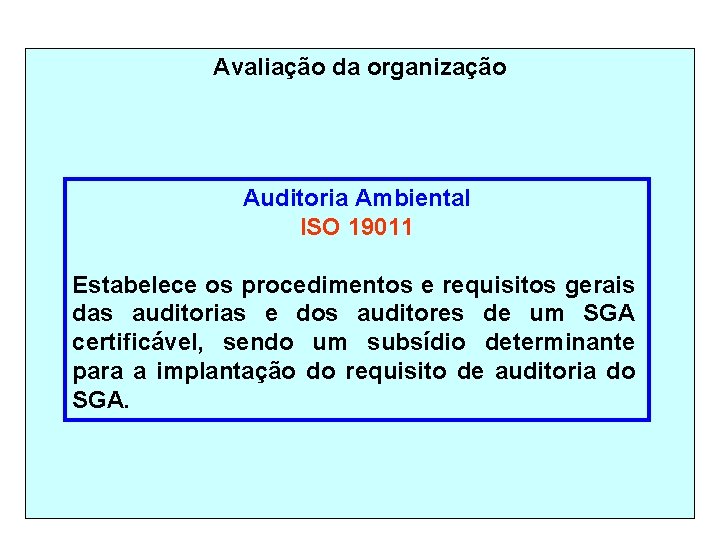 Avaliação da organização Auditoria Ambiental ISO 19011 Estabelece os procedimentos e requisitos gerais das