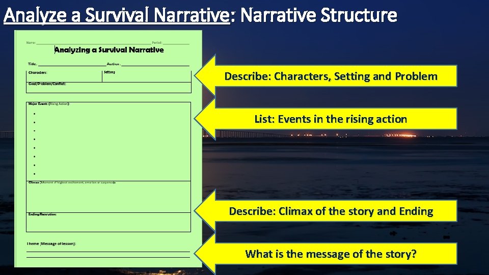 Analyze a Survival Narrative: Narrative Structure Describe: Characters, Setting and Problem List: Events in