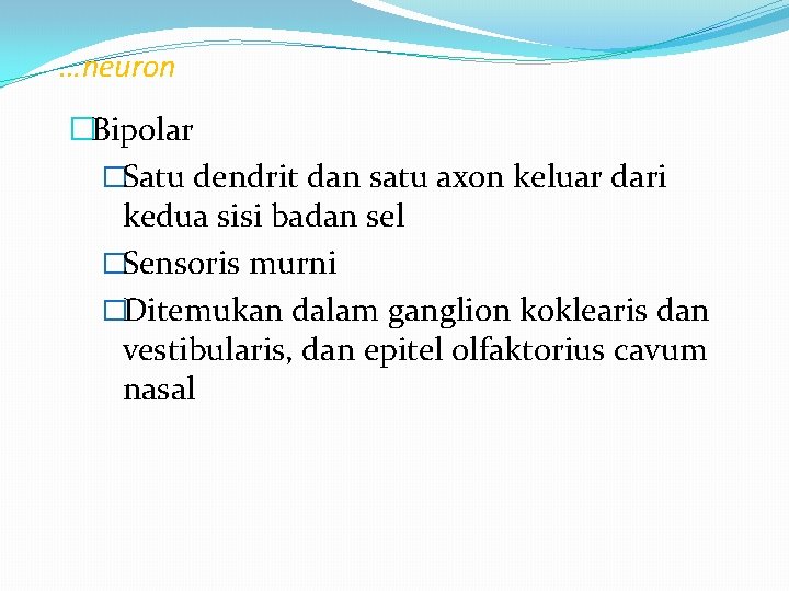 …neuron �Bipolar �Satu dendrit dan satu axon keluar dari kedua sisi badan sel �Sensoris …neuron �Bipolar �Satu dendrit dan satu axon keluar dari kedua sisi badan sel �Sensoris