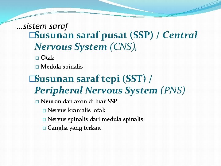 …sistem saraf �Susunan saraf pusat (SSP) / Central Nervous System (CNS), Otak � Medula …sistem saraf �Susunan saraf pusat (SSP) / Central Nervous System (CNS), Otak � Medula