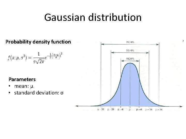Gaussian distribution Probability density function Parameters • mean: μ • standard deviation: σ 
