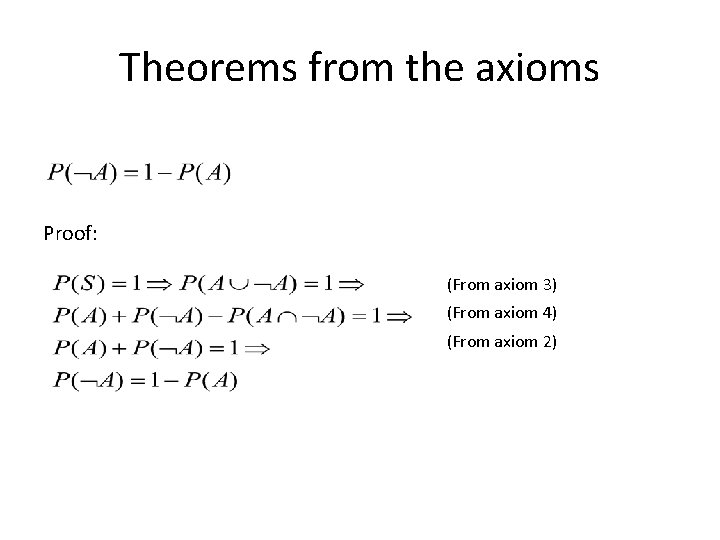 Theorems from the axioms Proof: (From axiom 3) (From axiom 4) (From axiom 2)