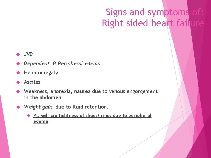 Signs and symptoms of: Right sided heart failure JVD Dependent & Peripheral edema Hepatomegaly