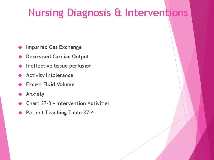 Nursing Diagnosis & Interventions Impaired Gas Exchange Decreased Cardiac Output Ineffective tissue perfusion Activity